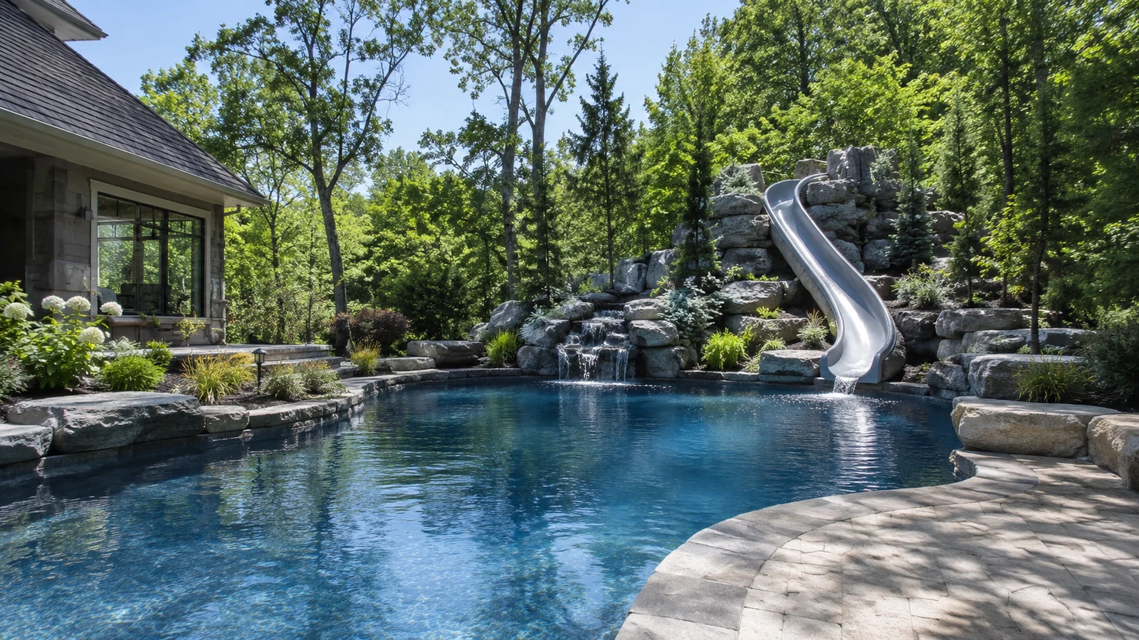 Backyard pool with rock waterfall and slide