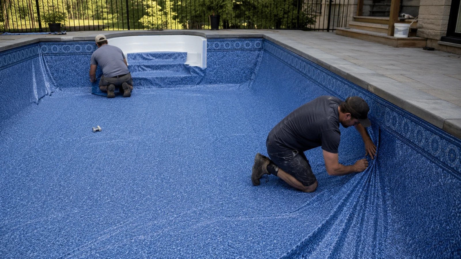 Installers working inside an inground pool