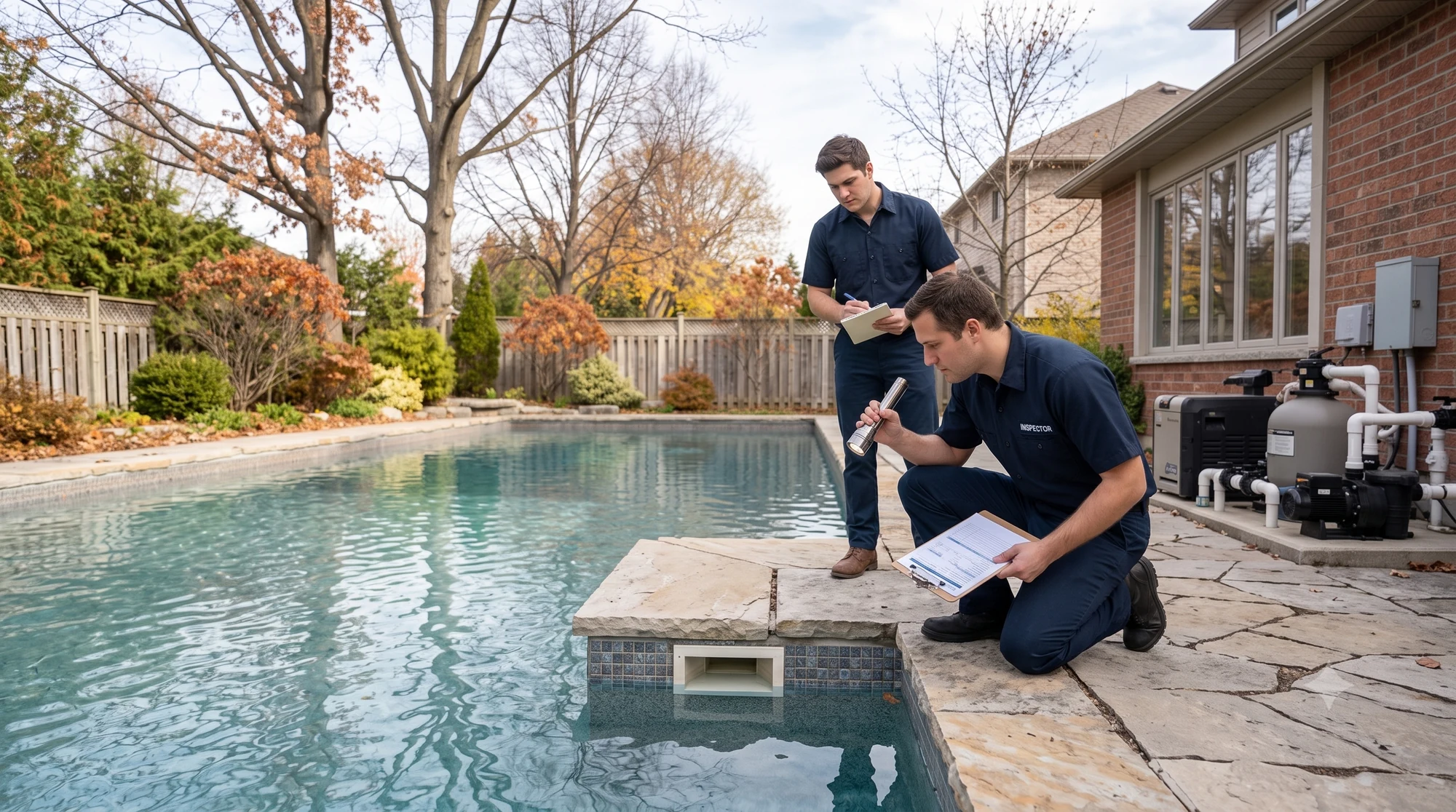 Pool professionals inspecting a completed backyard pool