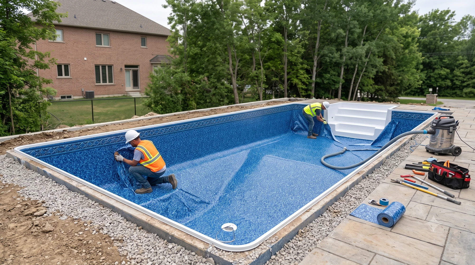 Technicians installing a blue vinyl pool liner